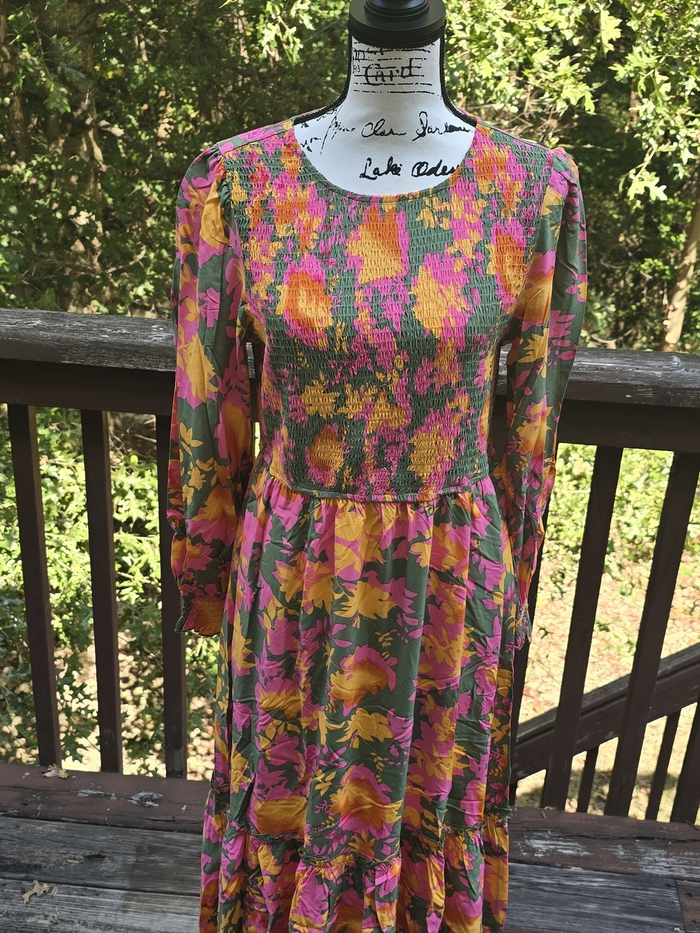 Amazon Essentials Olive Floral Smocked Midi Dress with Pink & Yellow Blossoms